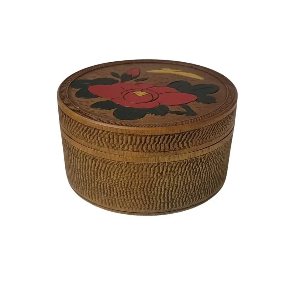 Vintage 20th Century Japanese Hand Carved Box and 6 Coaster‎ Set Floral Flowers